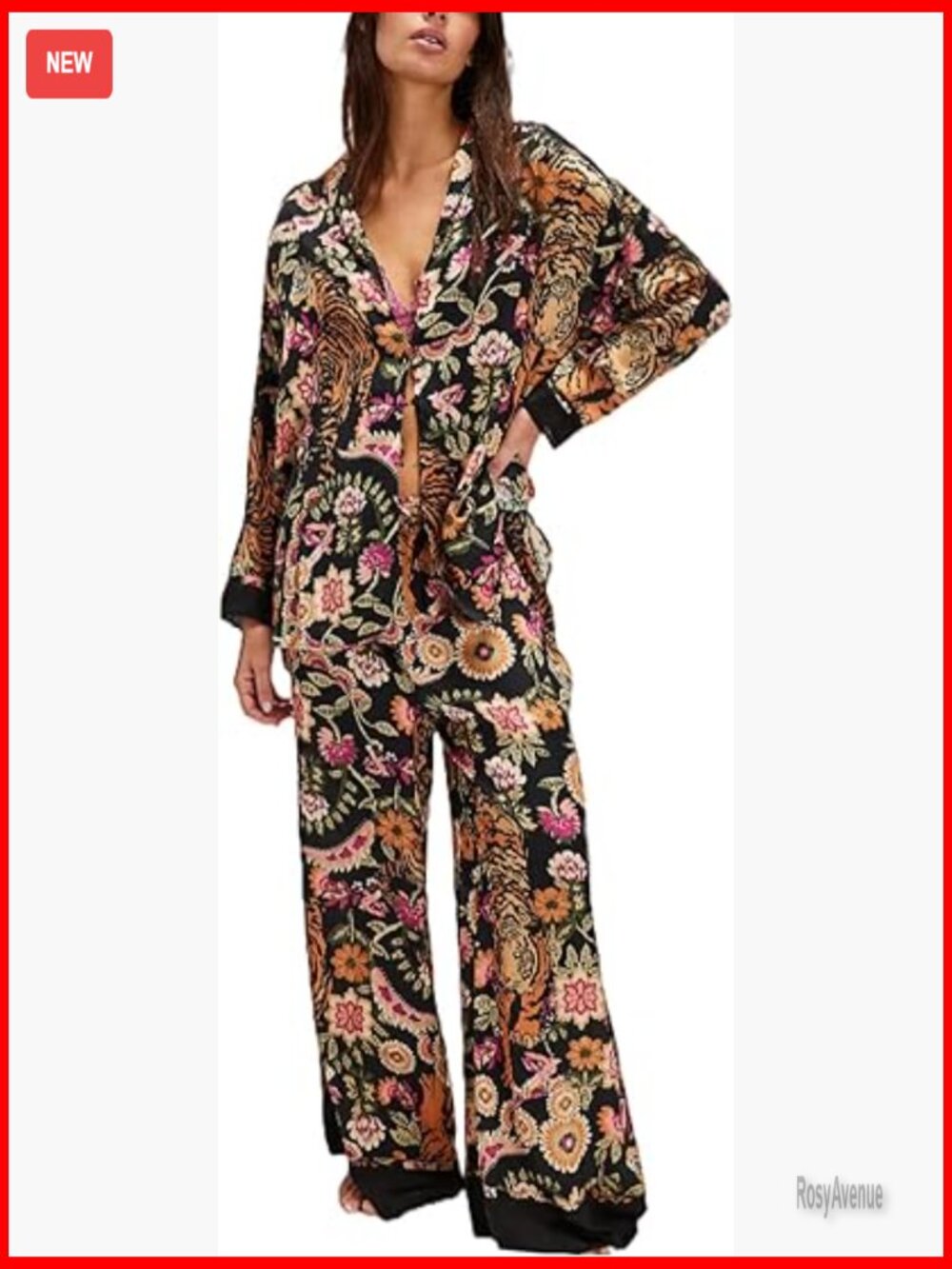 Silk Satin Pajama Set 2 Piece Long Sleeve Wide Leg Pjs Button Down Lounge Set